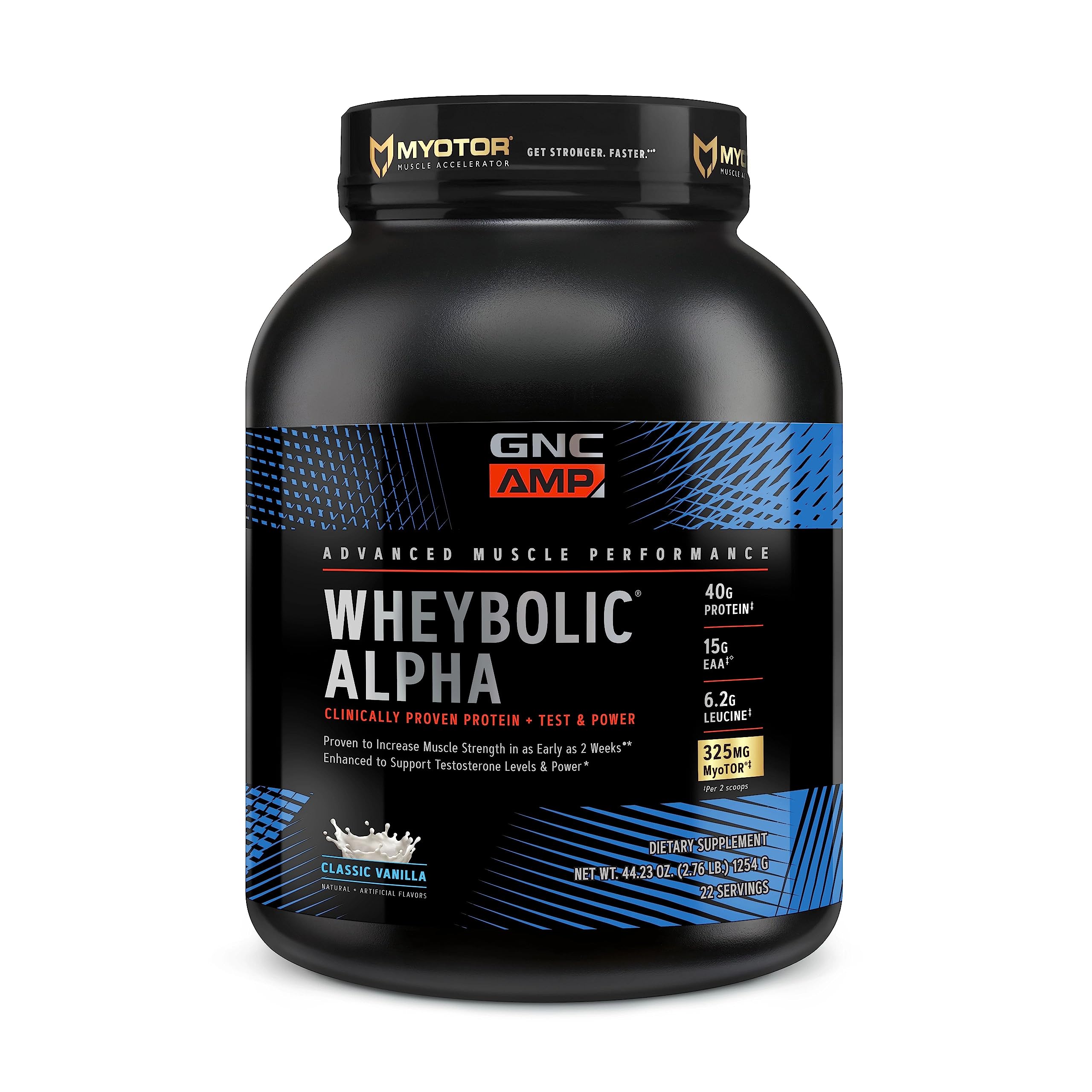 GNC AMP Wheybolic Alpha, lata de vainilla, proteína de rápida absorción para recuperación muscular.