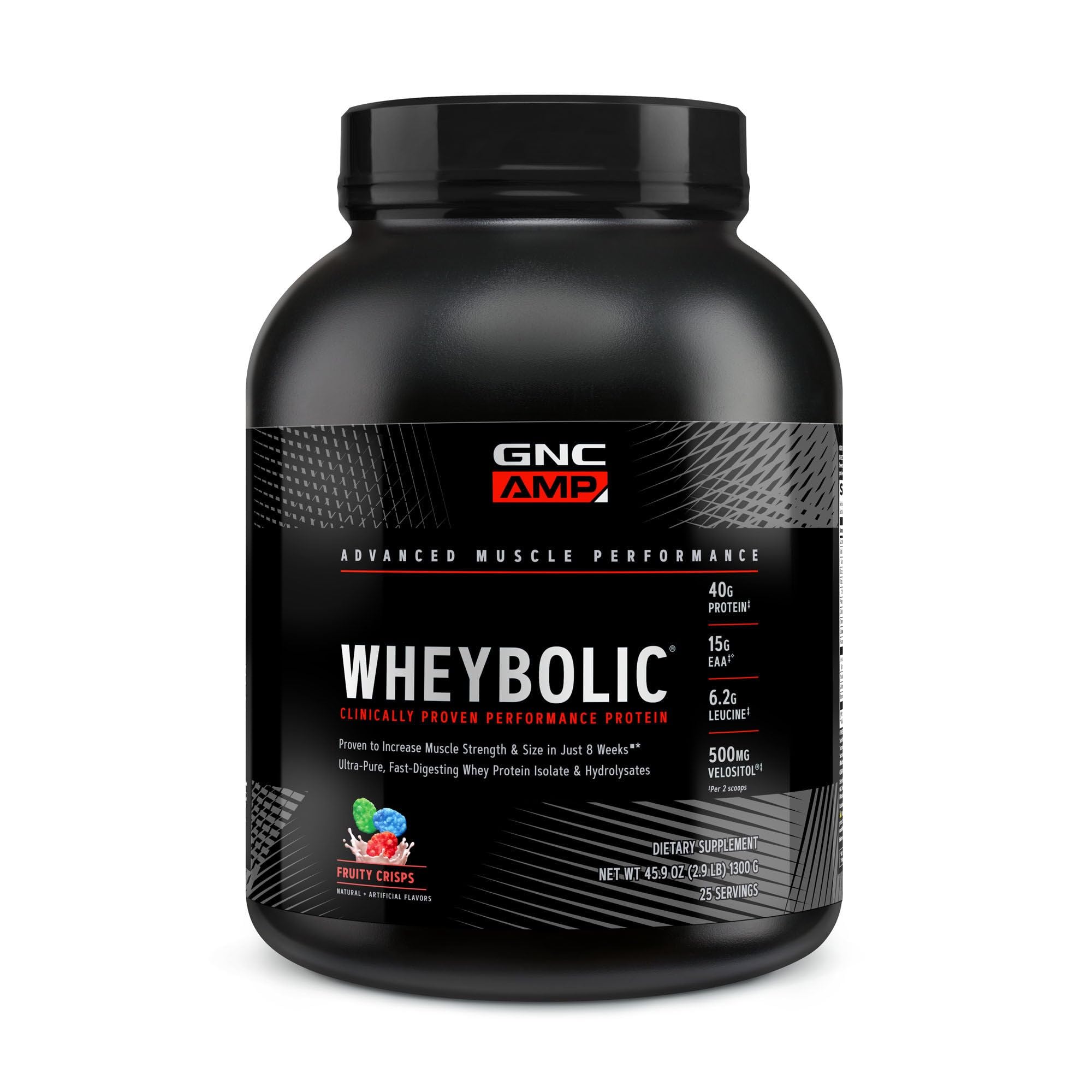 GNC AMP Wheybolic: botella volcada con proteína para batido post entreno