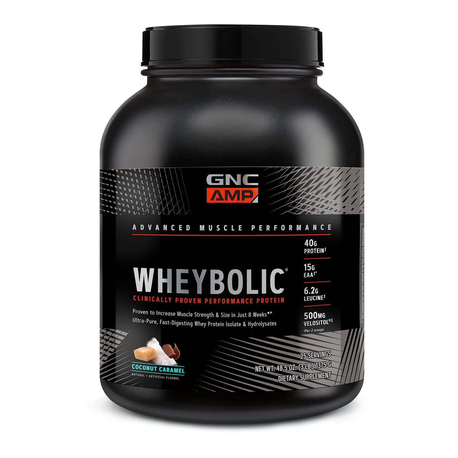 GNC AMP Wheybolic Coco Caramel en lata para entrenamientos intensos