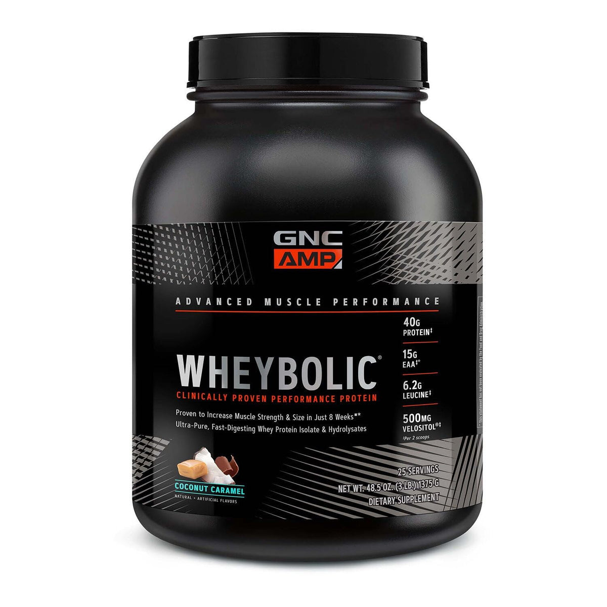 GNC AMP Wheybolic Coco Caramel en lata para entrenamientos intensos