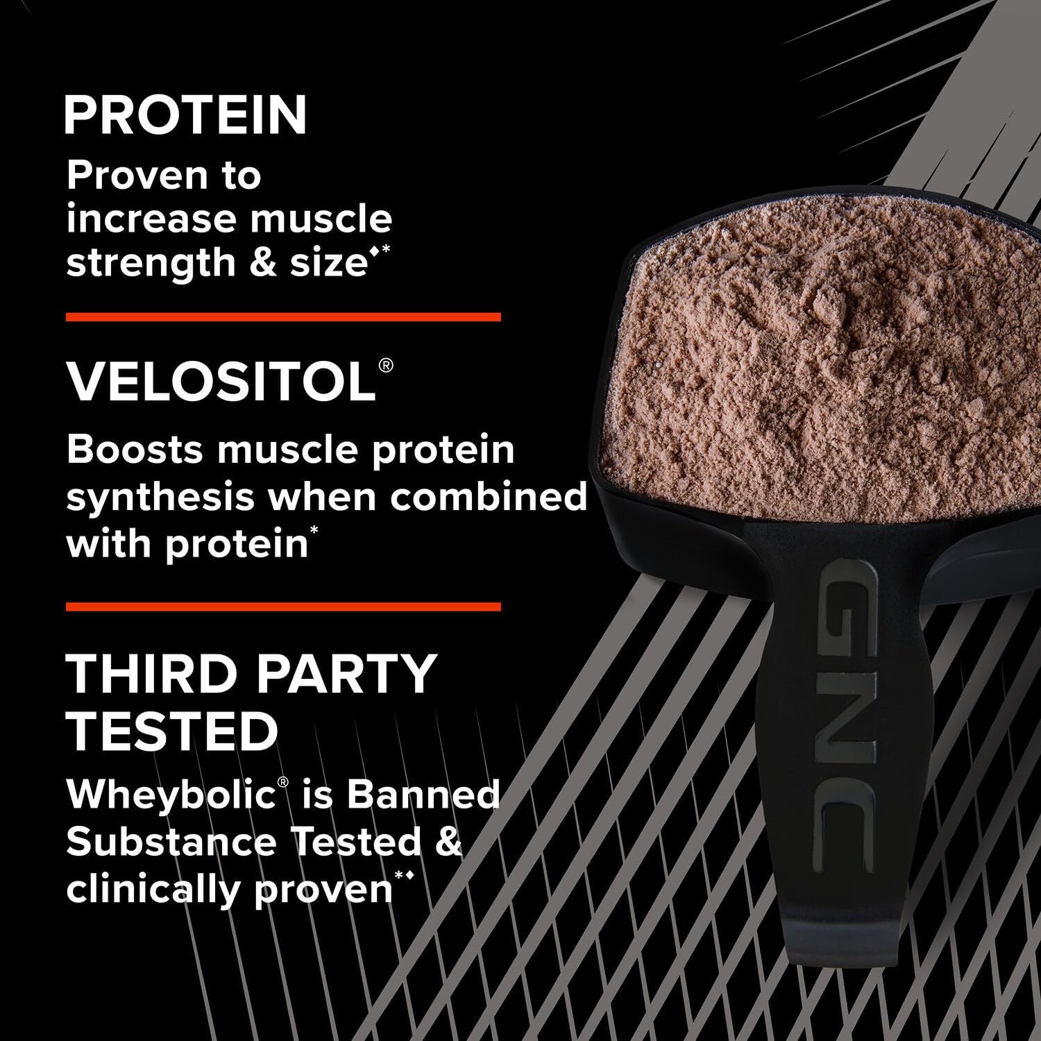 GNC AMP Wheybolic: primer plano de leucina y BCAA para crecimiento muscular
