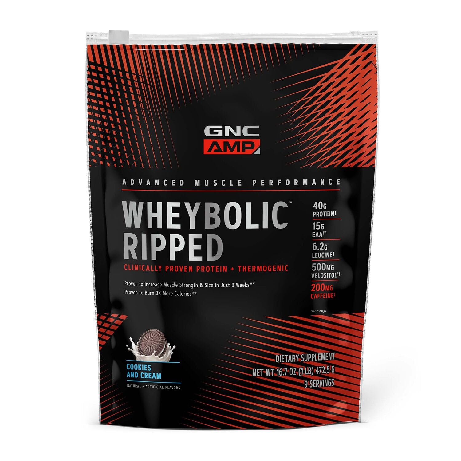 GNC AMP Wheybolic Ripped, polvo sabor galleta y crema para entrenamiento intenso.