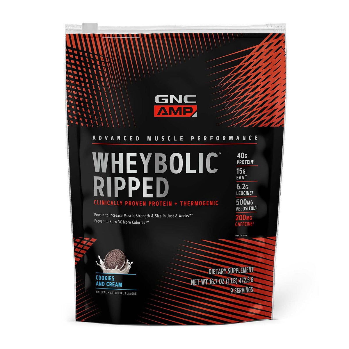 GNC AMP Wheybolic Ripped, polvo sabor galleta y crema para entrenamiento intenso.