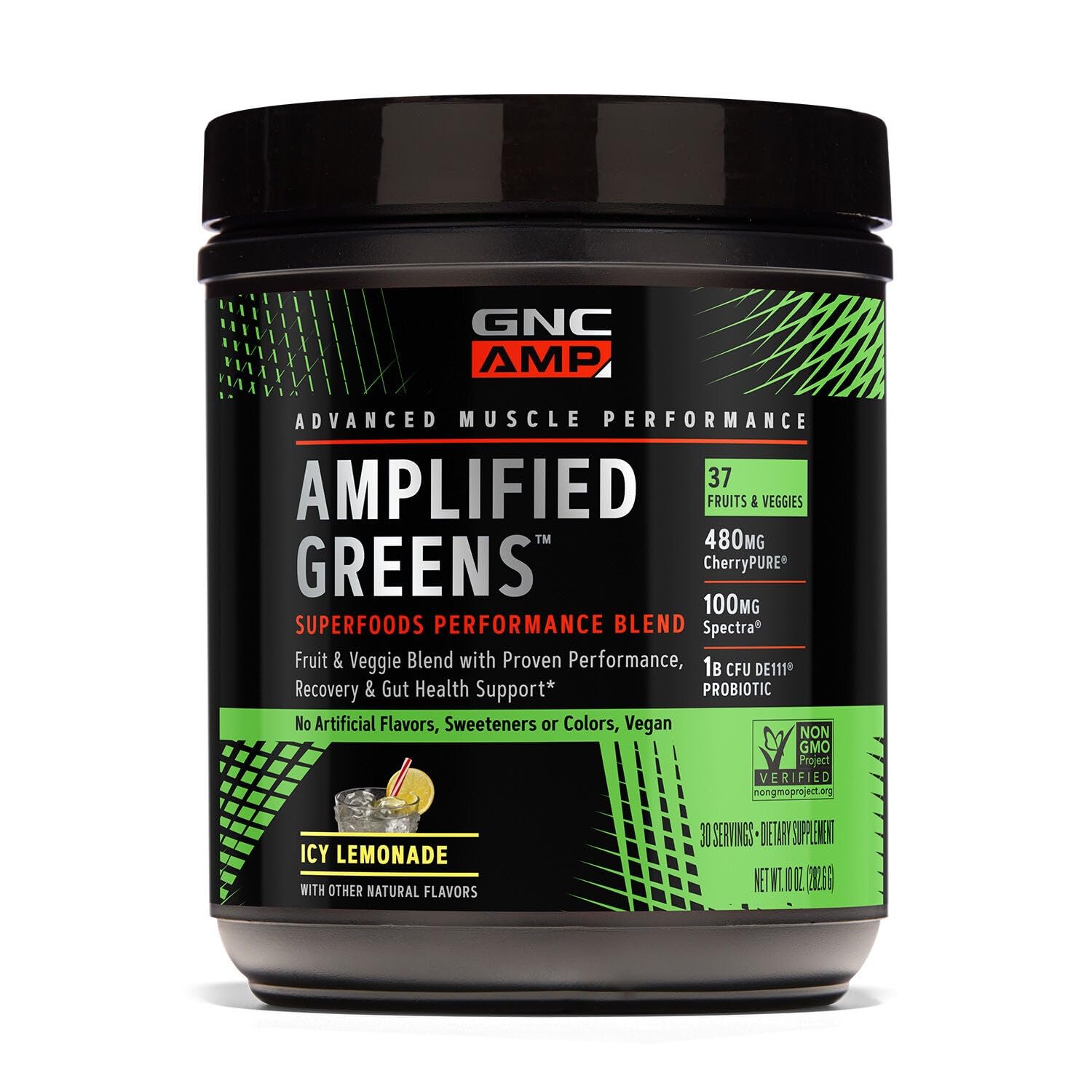 GNC Amplified Greens ICY Lemonade, botella frontal, recuperación tras el entrenamiento.
