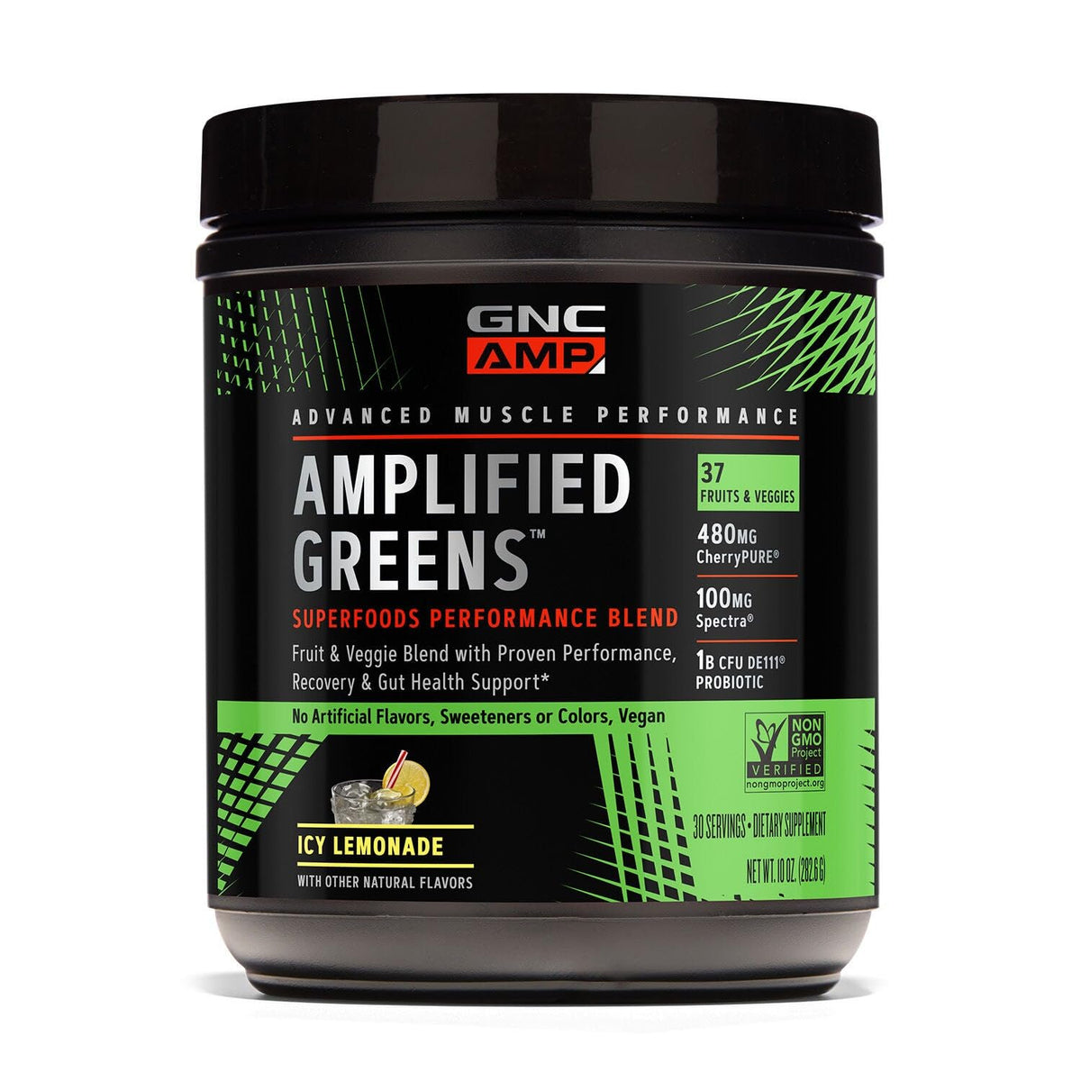GNC Amplified Greens ICY Lemonade, botella frontal, recuperación tras el entrenamiento.