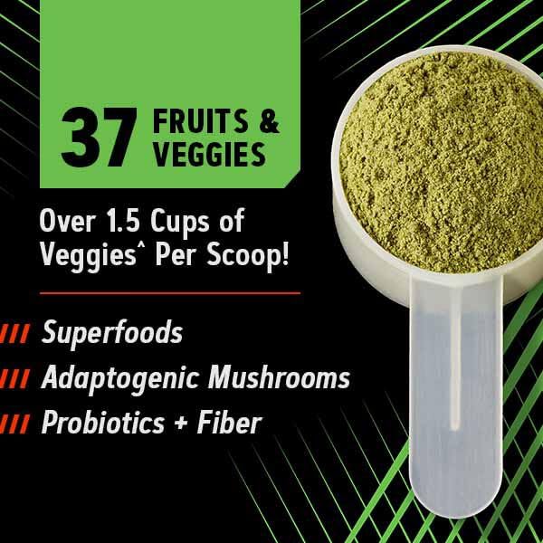 GNC Amplified Greens ICY Lemonade, ingredientes clave, variedad de frutas y verduras.
