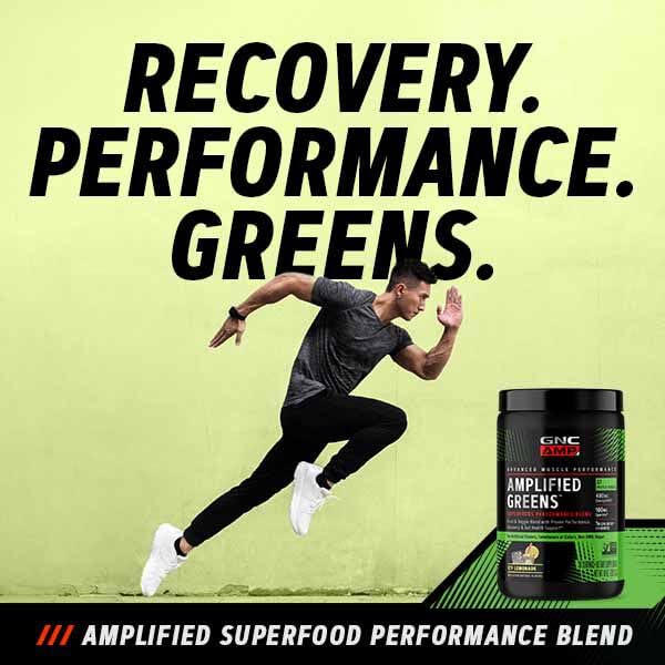 GNC Amplified Greens ICY Lemonade, mezcla en agua, sabor refrescante para hidratación.