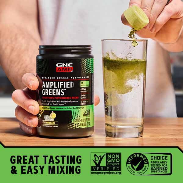 GNC Amplified Greens ICY Lemonade, sello sin OGM y pruebas de sustancias prohibidas.