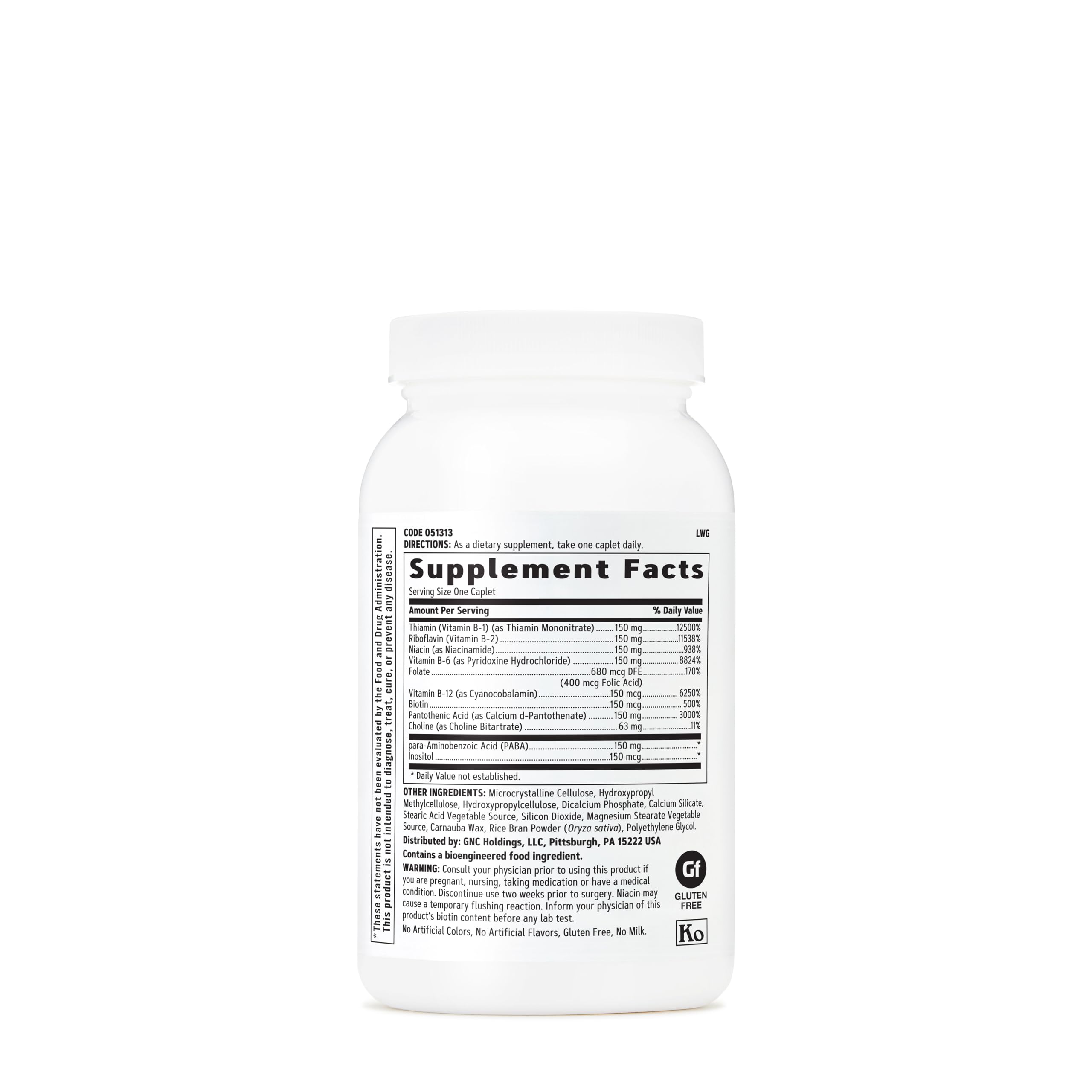 GNC B-Complex 150 etiqueta de nutrientes visible para información clara.