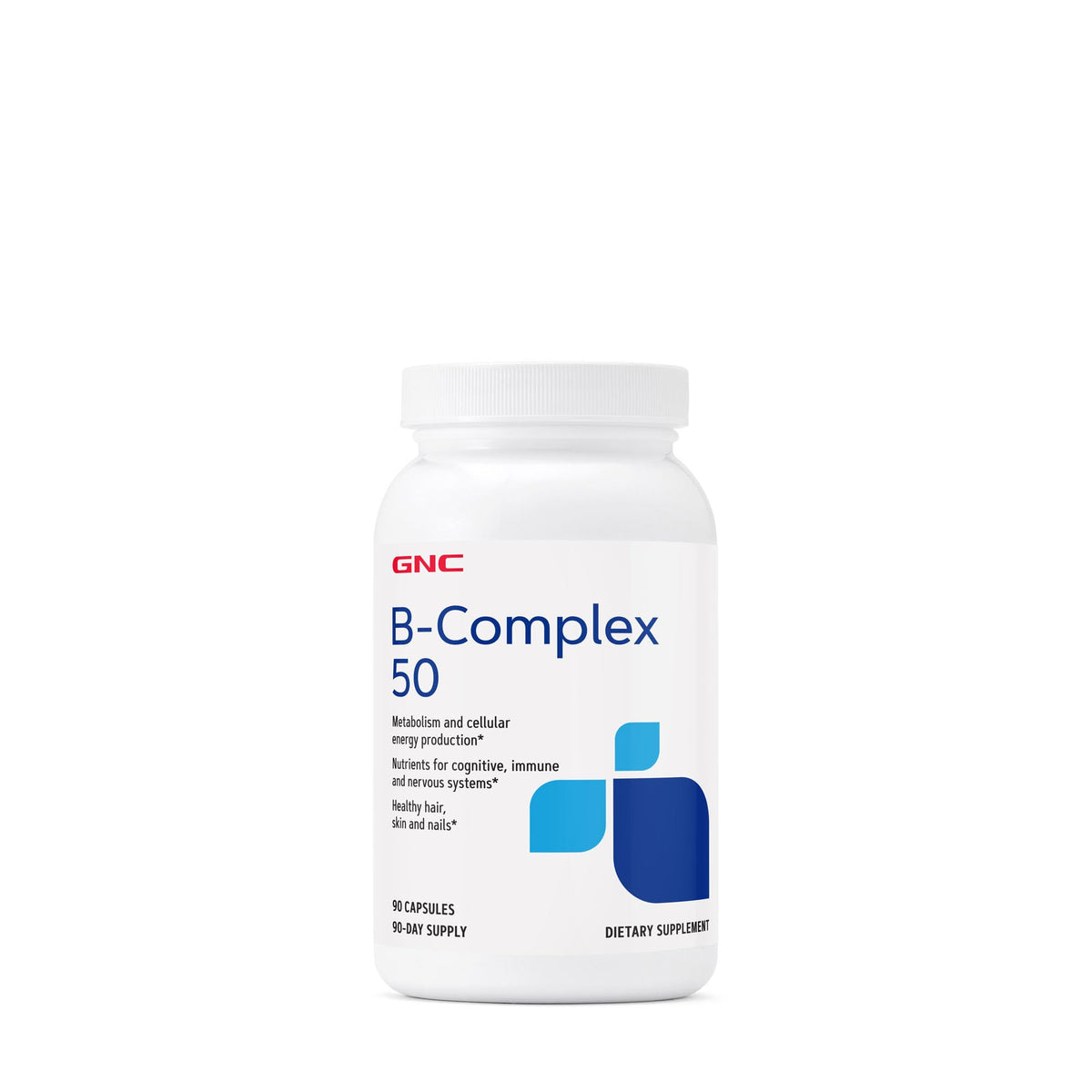 GNC B-Complejo 50 en botella, apoyo al metabolismo y energía diaria.
