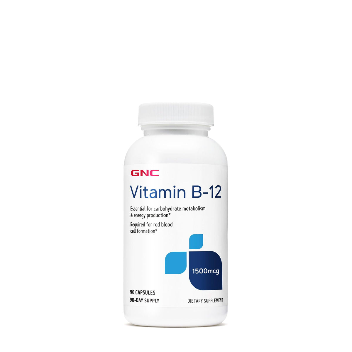 GNC B-12 1500mcg, botella con vertido; posible apoyo a la energía diaria.