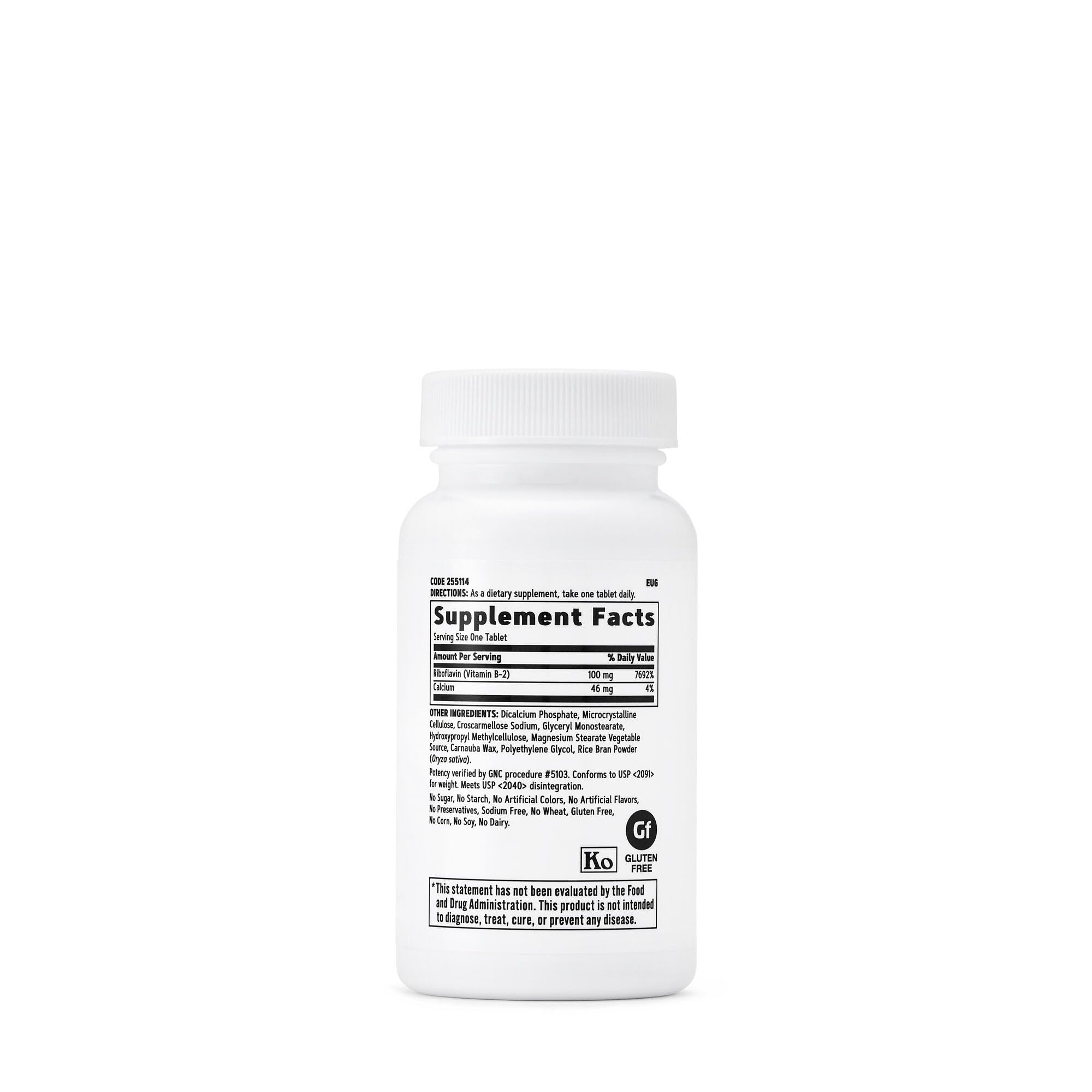 GNC Vitamina B2 100 mg, etiqueta frontal, fácil reconocimiento y uso diario