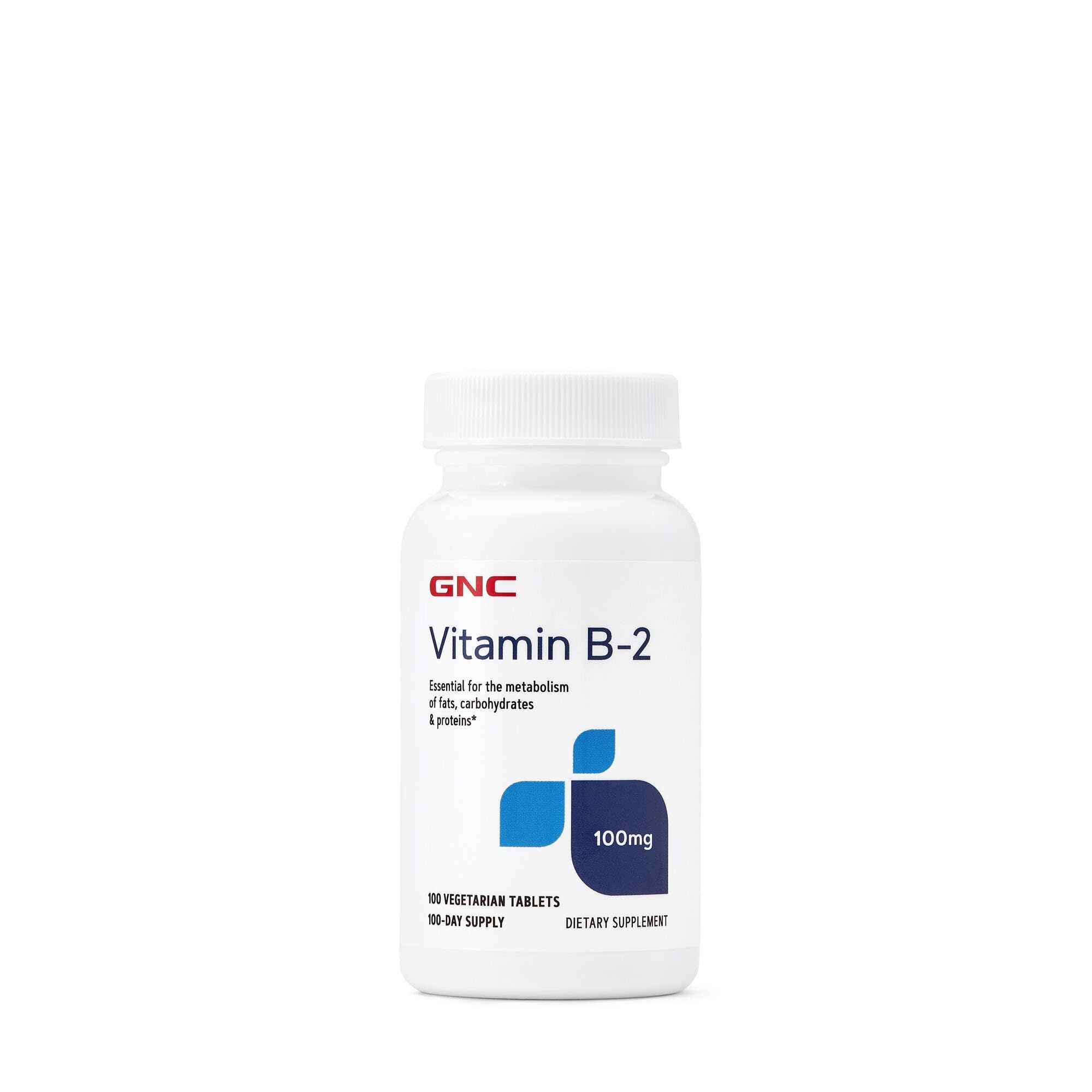 GNC Vitamina B2 100 mg, tabletas en envase, apoyo al metabolismo de grasas
