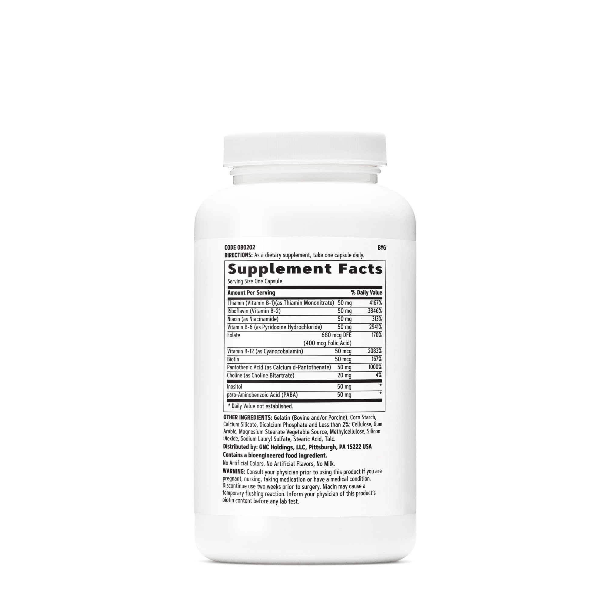 GNC B-Complex etiqueta: apoyo cognitivo y cuidado de cabello, piel y uñas