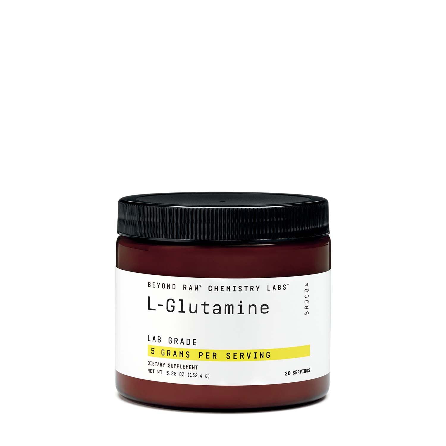 GNC Beyond Raw L-Glutamina en polvo en envase, listo para mezclar.