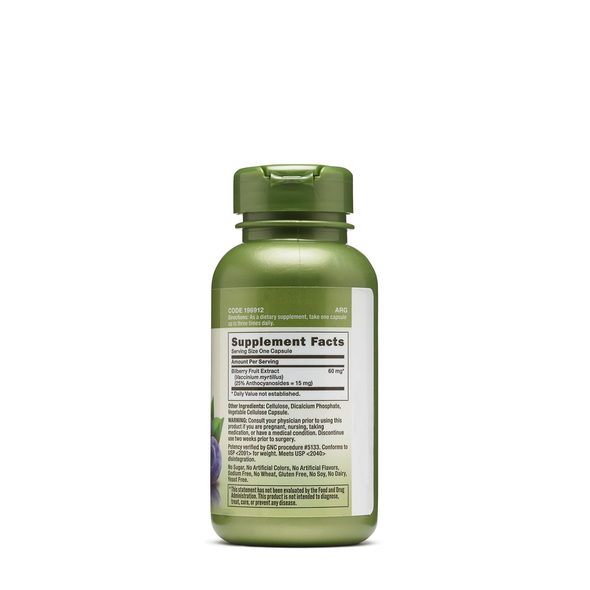 GNC Bilberry, etiqueta con información de extracto de bilberry
