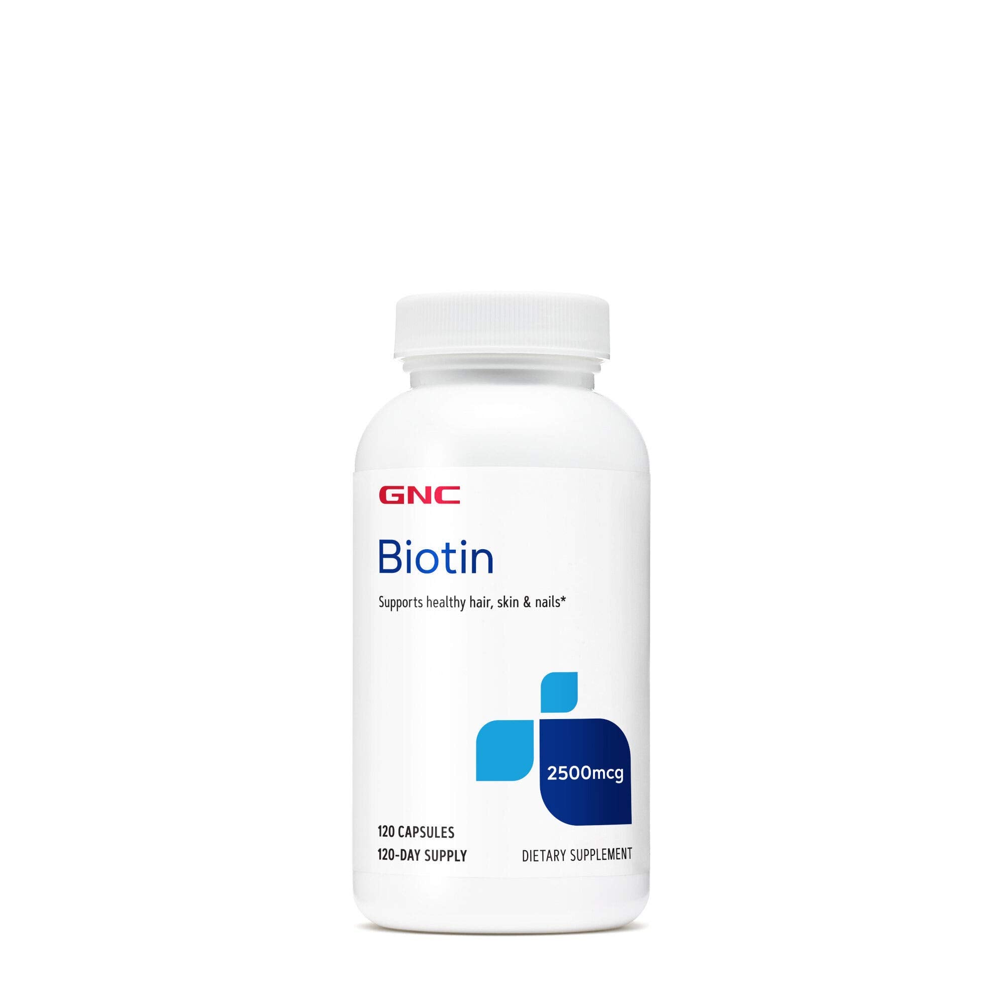GNC Biotina 2500mcg cápsulas, soporte diario para cabello, piel y uñas.