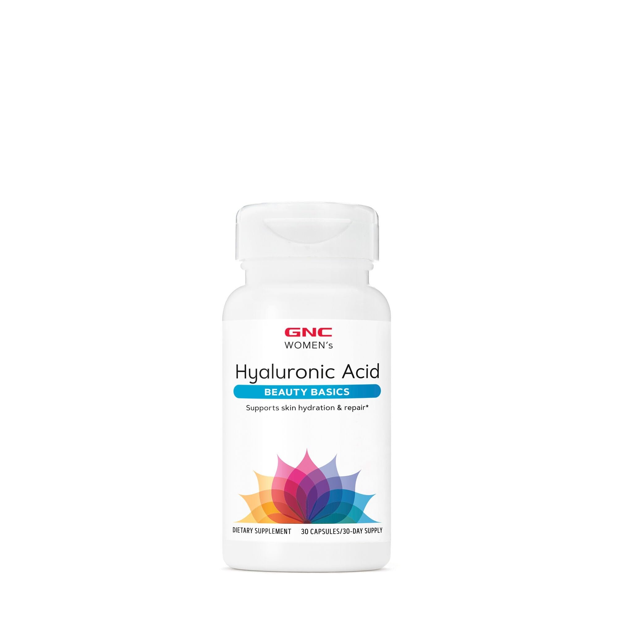 GNC botella con cápsulas de ácido hialurónico para hidratación de la piel.