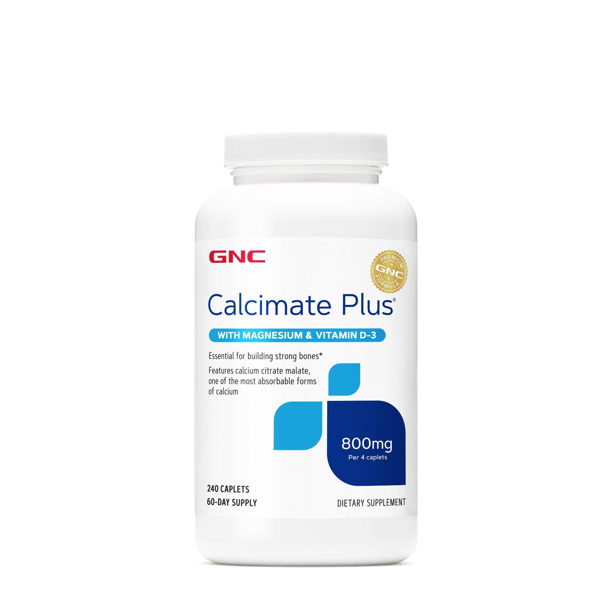 GNC Calcimate Plus 800 mg, botella frontal, apoyo para huesos fuertes y absorción de calcio.