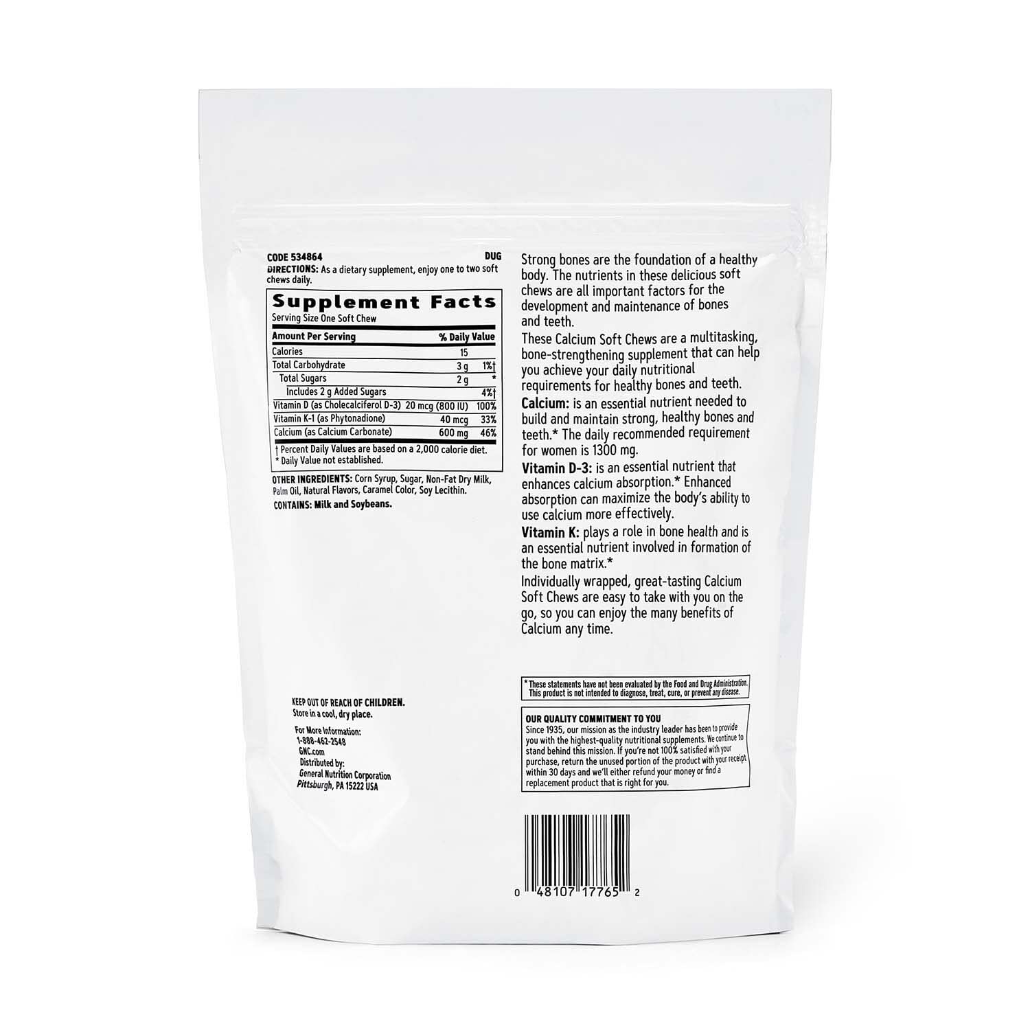 GNC calcio 600 mg envase botella para consumo diario.