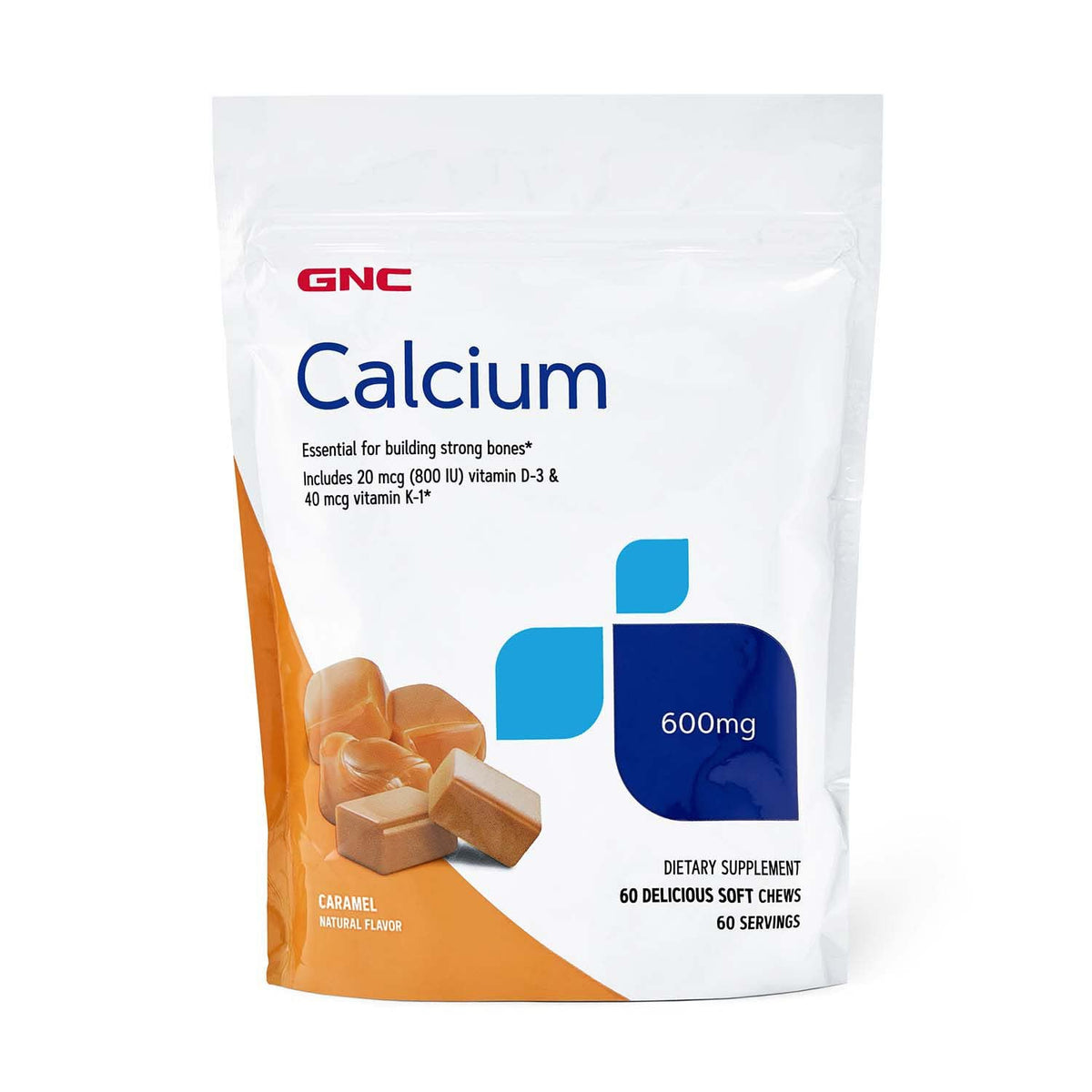 GNC calcio 600 mg gomitas caramel para apoyar huesos sanos.