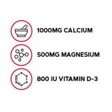 GNC calcio magnesio D3 1000 mg, etiqueta frontal, datos de beneficios clave