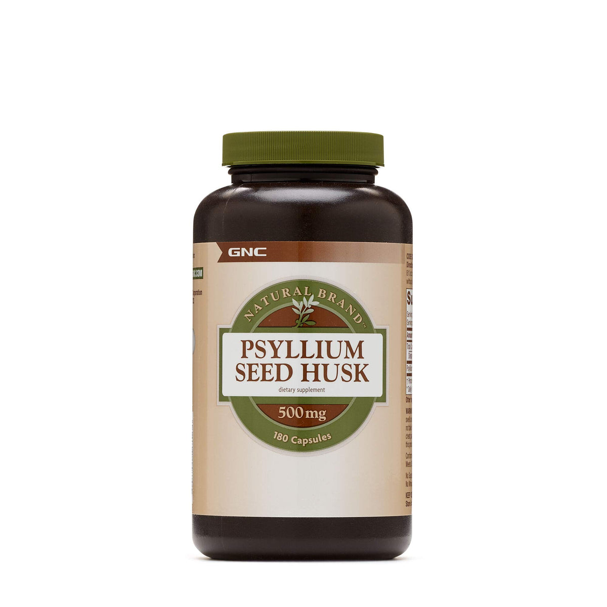 GNC cáscara de semillas de plantago 500 mg, botella con etiqueta para apoyo digestivo diario.