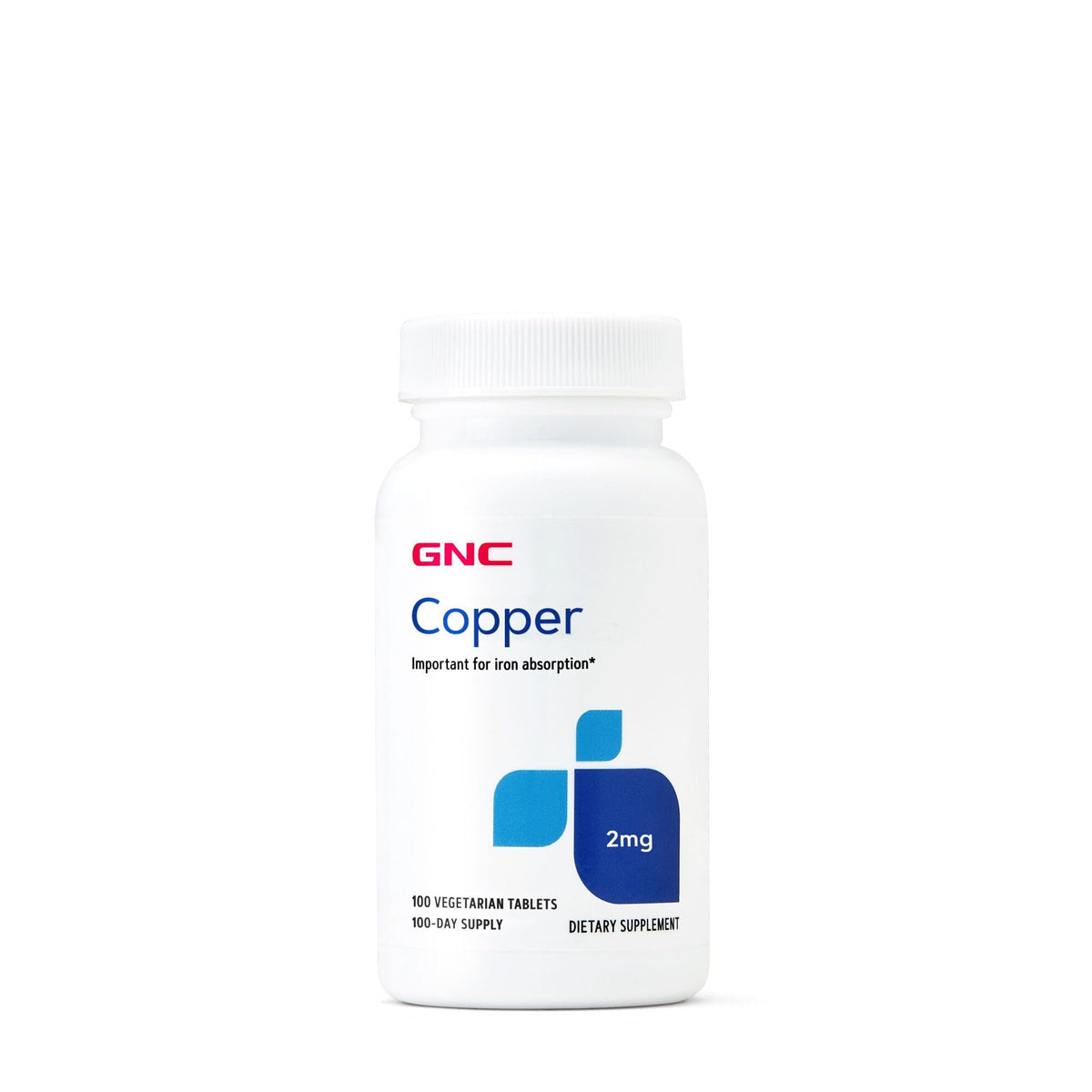 GNC Cobre 2 mg en botella mostrando la dosis diaria para apoyar la absorción de hierro.