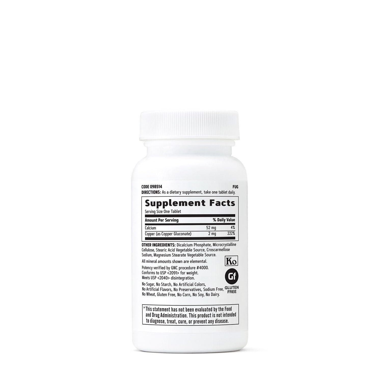 Tabletas vegetarianas de GNC cobre 2 mg listas para consumo diario.