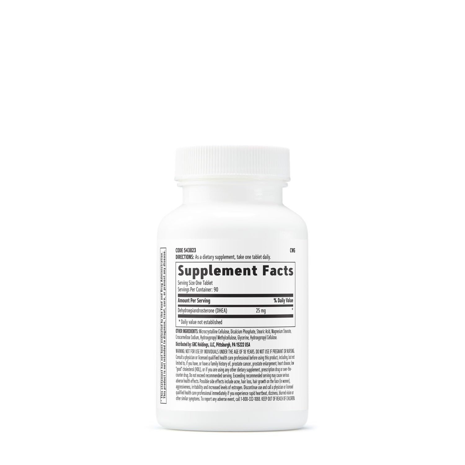 GNC DHEA 25 mg — etiqueta lateral, apoyo diario de niveles de DHEA