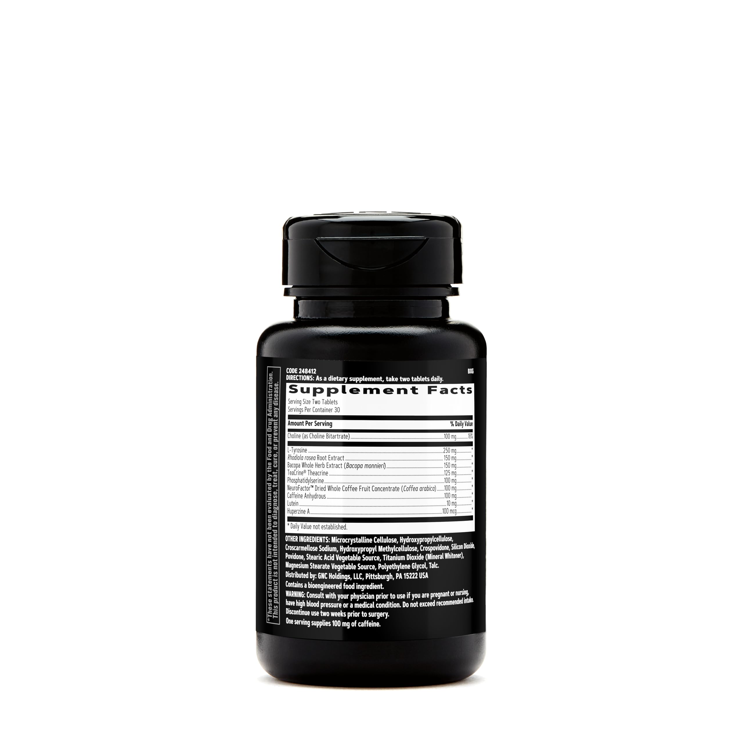 Envase de GNC AMP Amplified Focus con detalle de etiqueta, listo para claridad mental