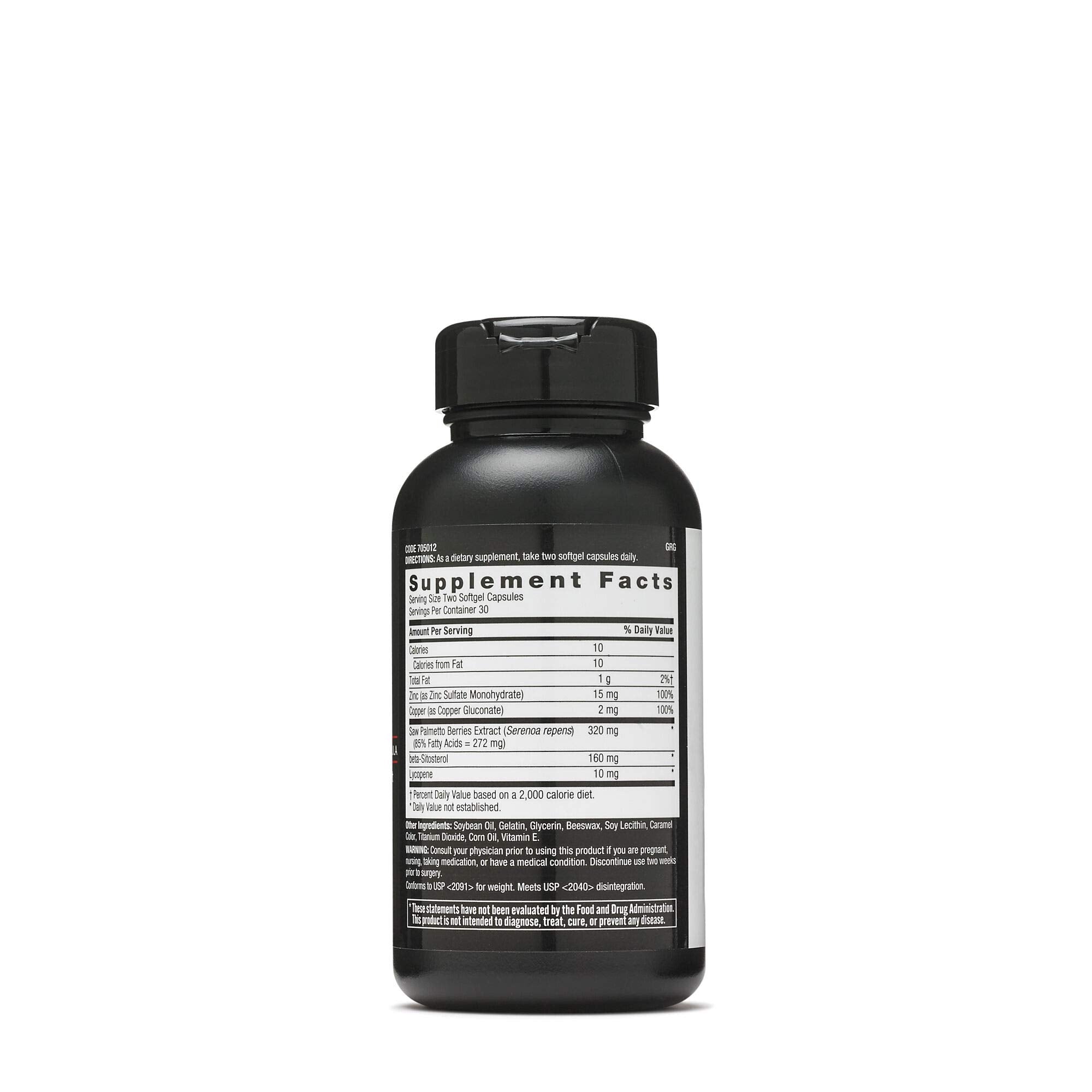 GNC Fórmula Próstata Masculina, botella detalle, nutrientes clave para la salud prostática