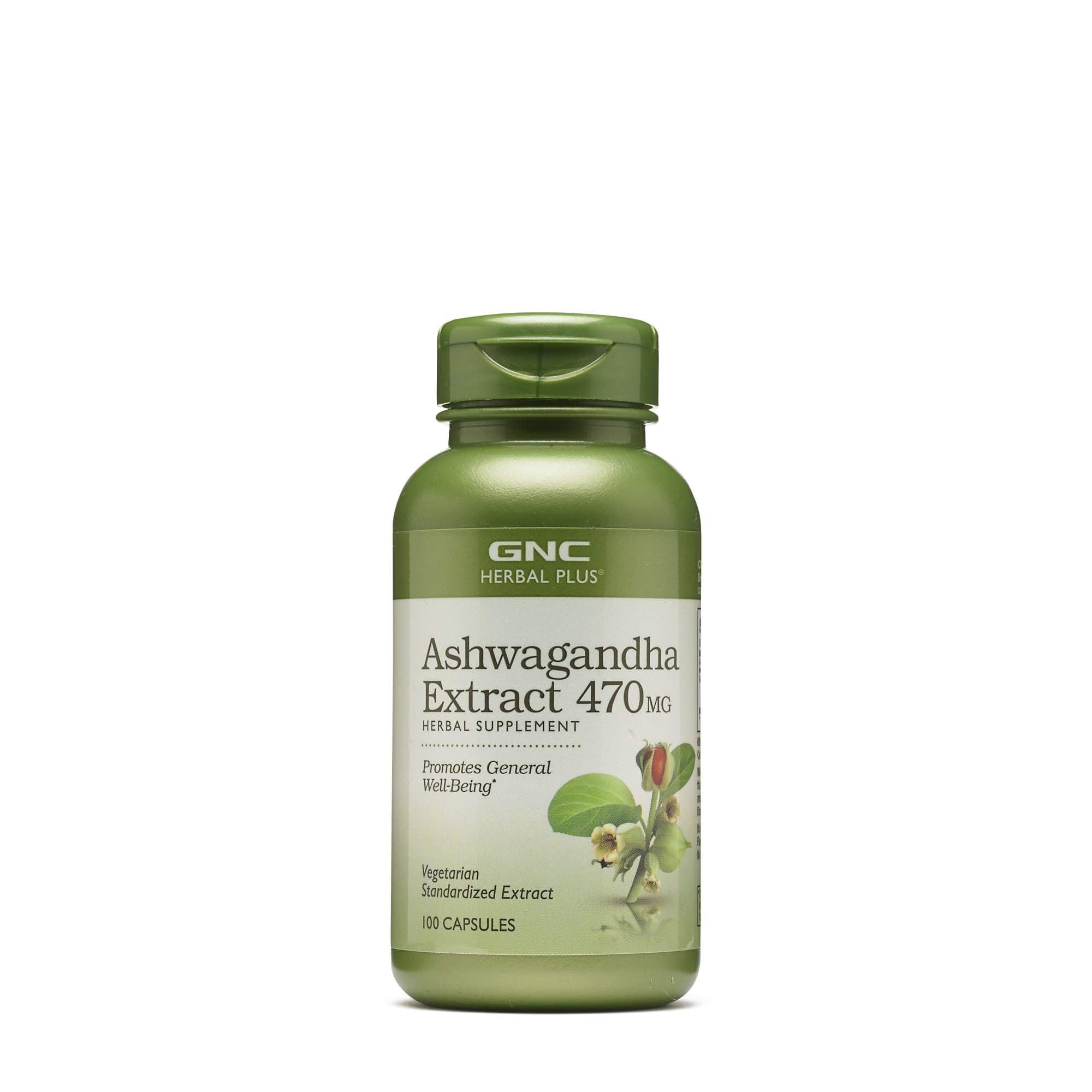 GNC Herbal Plus Ashwagandha en botella de 470 mg para bienestar diario.