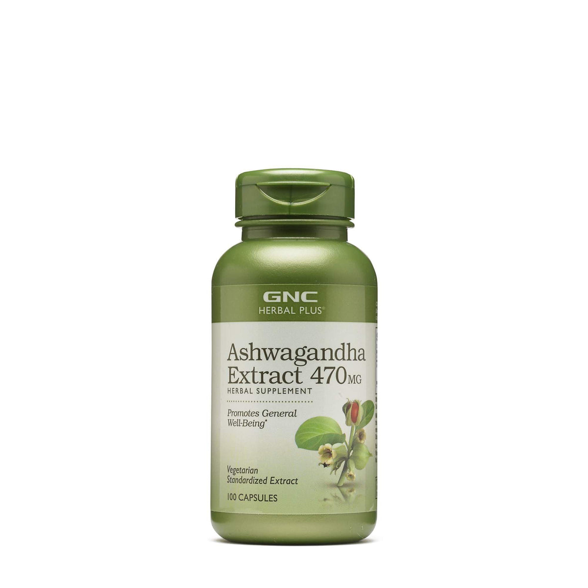 GNC Herbal Plus Ashwagandha en botella de 470 mg para bienestar diario.