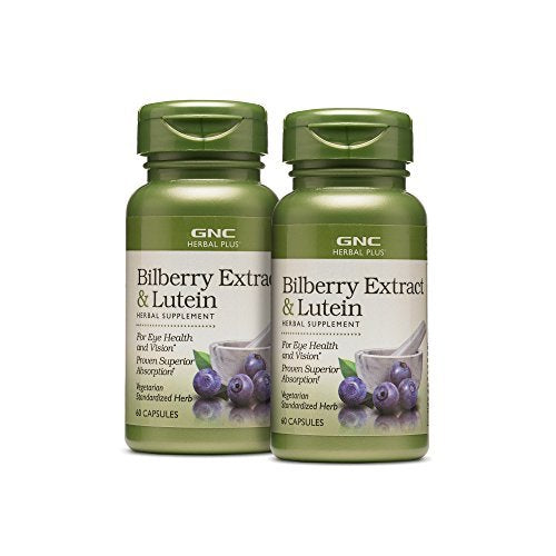 GNC Herbal Plus Bilberry Extract y Lutein en botella, apoyo visual diario.