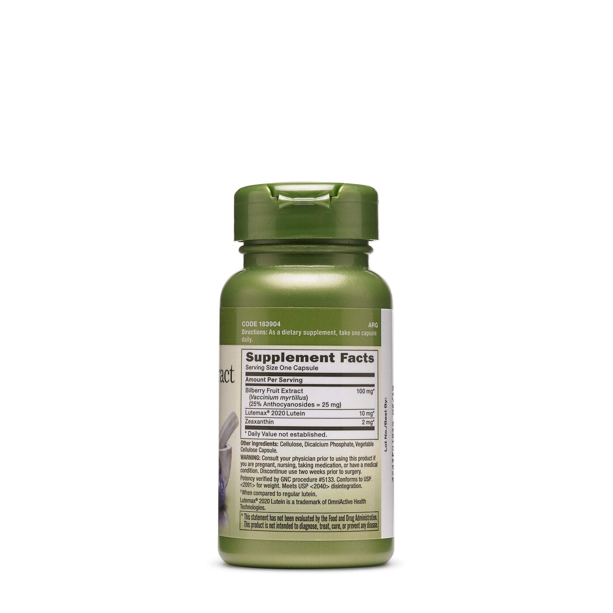 GNC Herbal Plus Bilberry Extract y Lutein cápsulas sobre mesa, claridad visual.