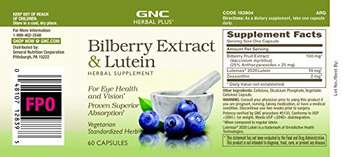 GNC Herbal Plus Bilberry Extract y Lutein etiqueta frontal, toma diaria fácil.