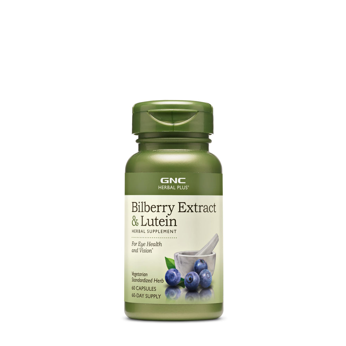 GNC Herbal Plus en botella con extracto de arándano y luteína para la salud visual.
