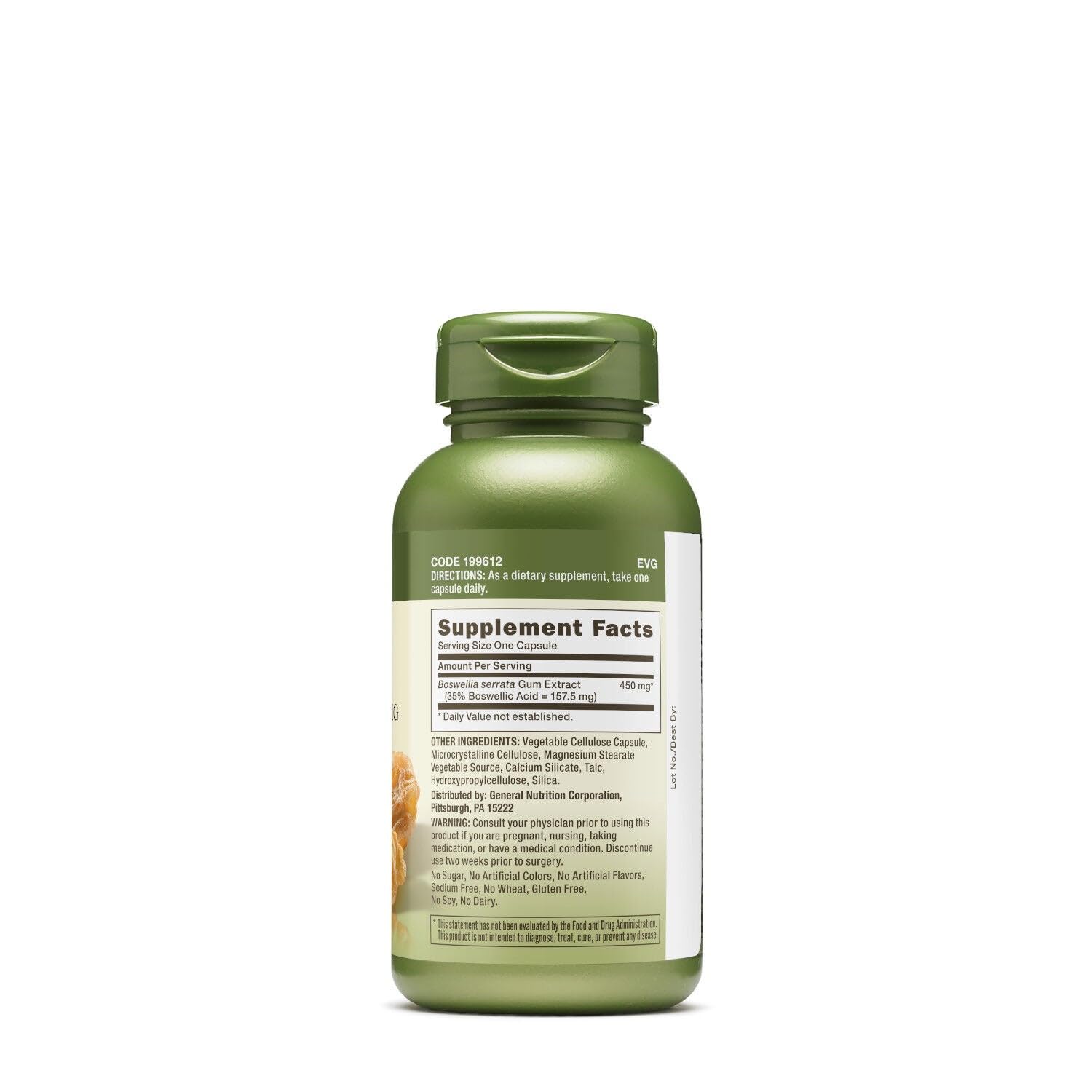 GNC Herbal Plus Boswellia Extract 450 mg, etiqueta: detalle de ingredientes y formato vegetariano