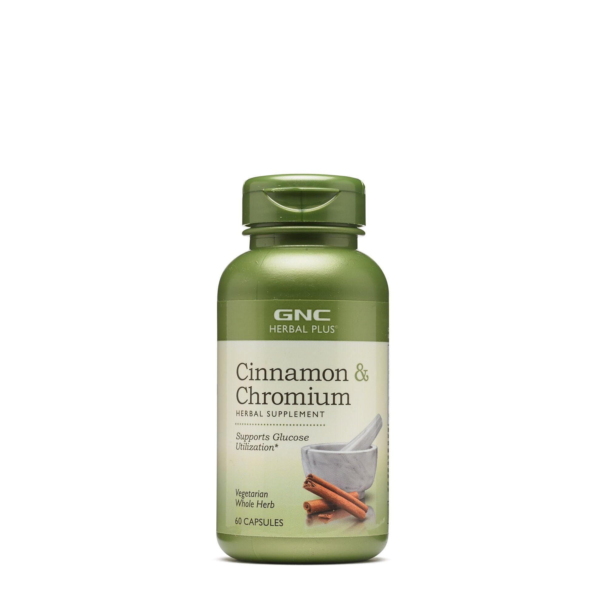 GNC Herbal Plus canela y cromo: botella vegetariana para uso diario y bienestar