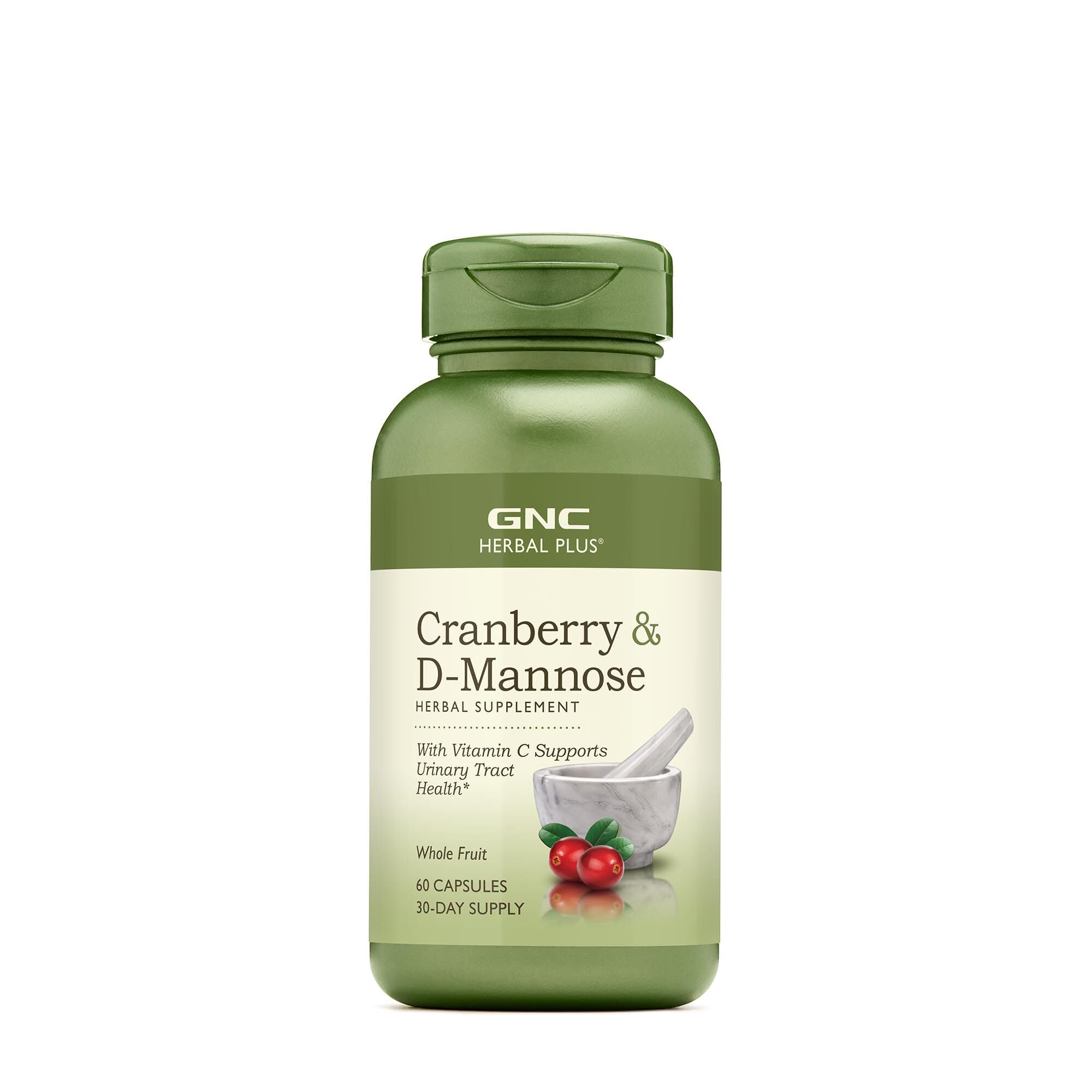 Cápsulas de GNC Herbal Plus Cranberry D-Mannose: posible apoyo diario al tracto urinario.