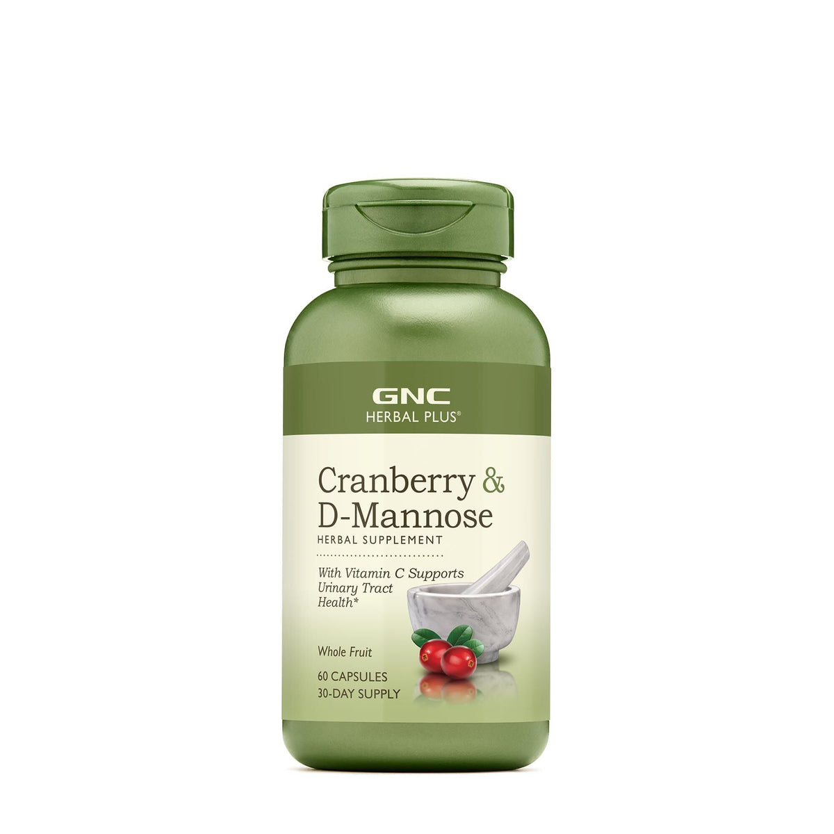Cápsulas de GNC Herbal Plus Cranberry D-Mannose: posible apoyo diario al tracto urinario.