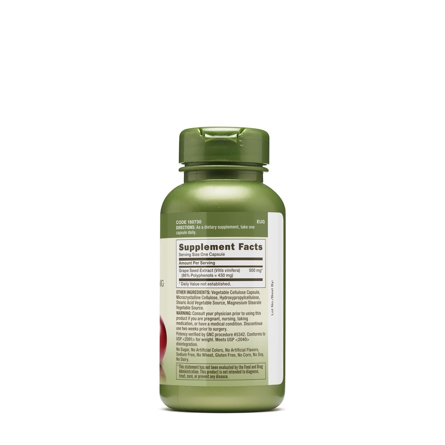 GNC Herbal Plus etiqueta visible de la semilla de uva, facilita identificar ingredientes.