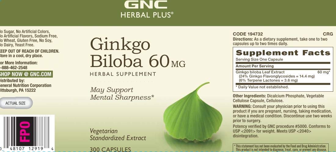 GNC Herbal Plus Ginkgo Biloba 60mg – presentación de 300 porciones, conveniencia diaria