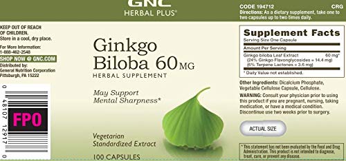 Etiqueta de GNC Herbal Plus Ginkgo Biloba mostrando 60 mg y calidad vegetariana.