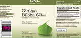 Etiqueta de GNC Herbal Plus Ginkgo Biloba mostrando 60 mg y calidad vegetariana.