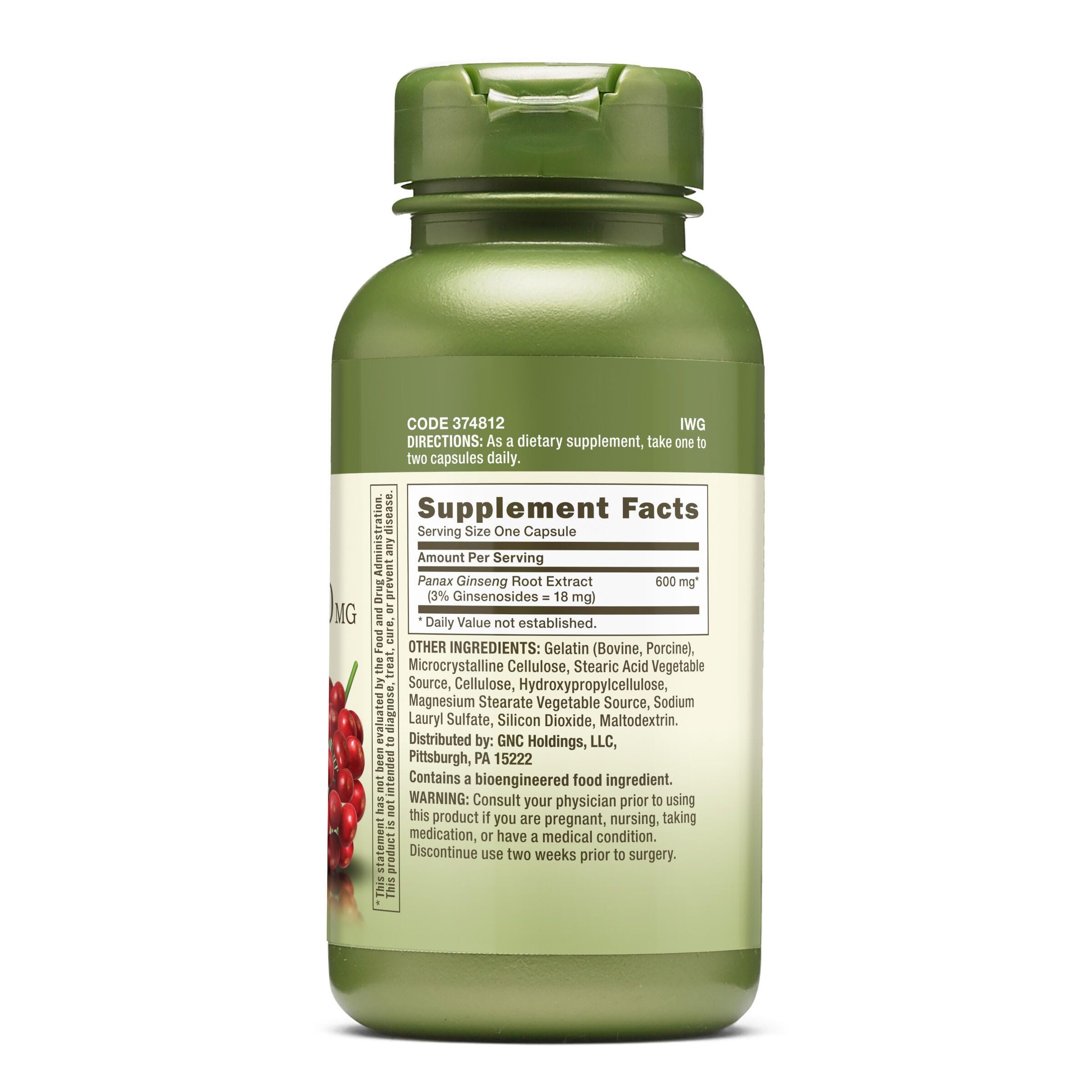 Envase de cápsulas GNC Herbal Plus Panax Ginseng 600 mg para uso diario