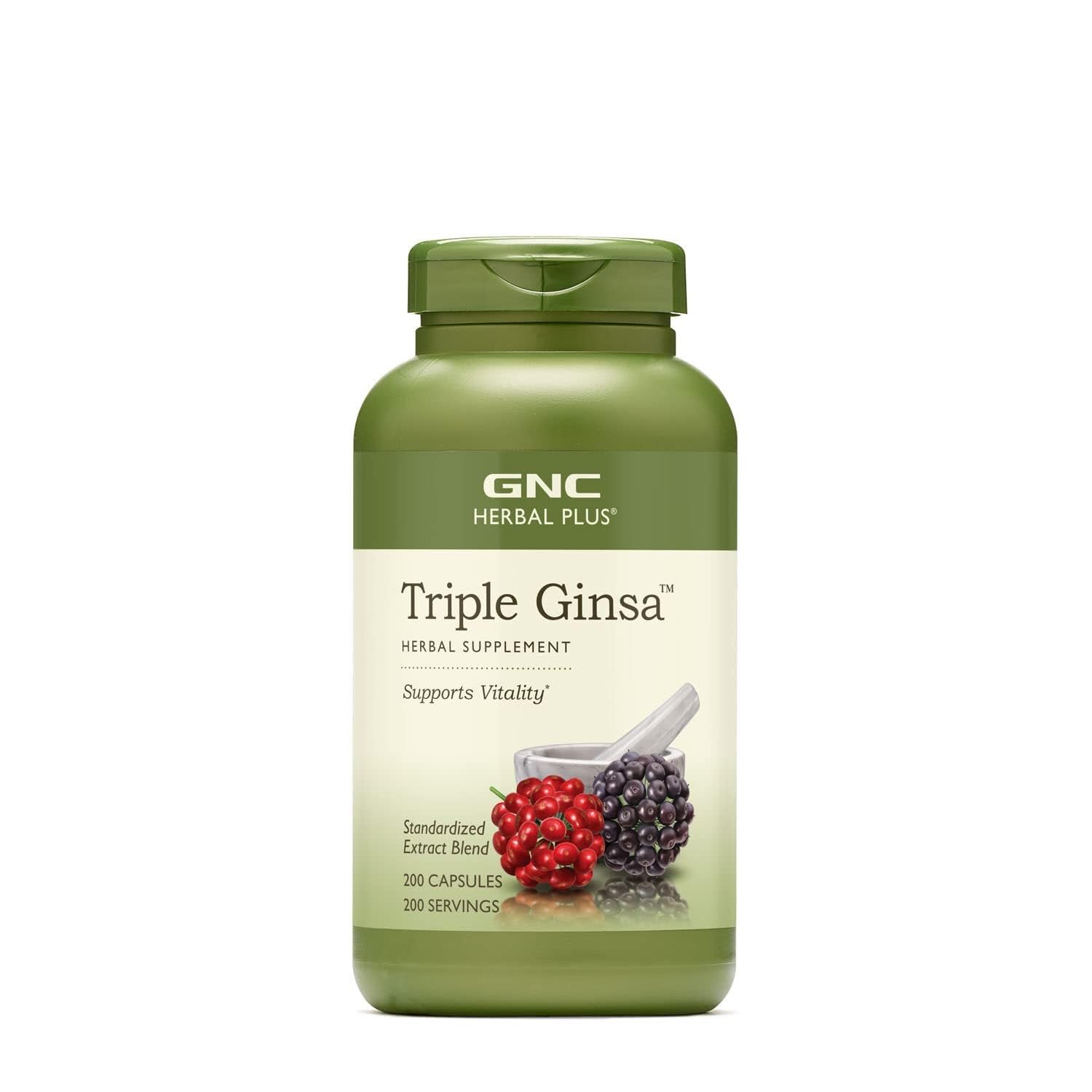 GNC Herbal Plus Triple Ginsa, botella con etiqueta, apoyo a la vitalidad diaria.
