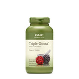 GNC Herbal Plus Triple Ginsa, botella con etiqueta, apoyo a la vitalidad diaria.