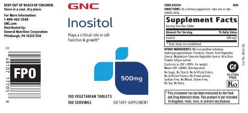 Etiqueta de GNC Inositol 500 mg con dosis y beneficios visibles.